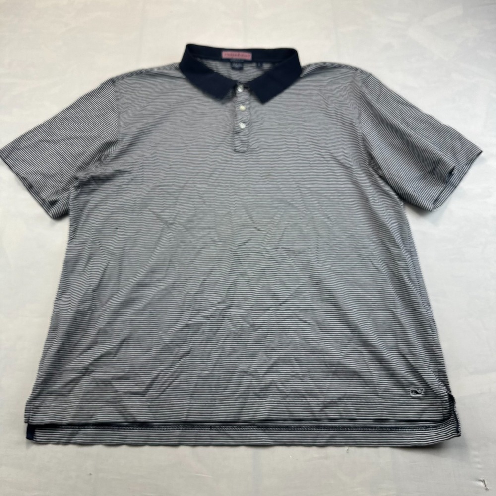 Vineyard Vines Polo Shirt Mens Large Black White Pinstripe High Low Slit Popover